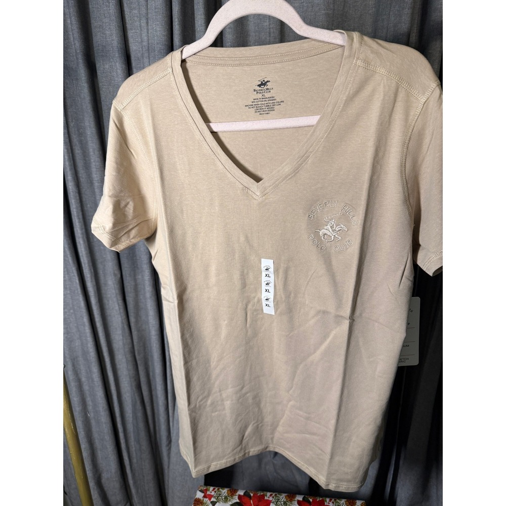 Beverly Hills Polo Club Mens V-Neck T-Shirt‎ Tan Khaki Embroidered Logo XL NWT